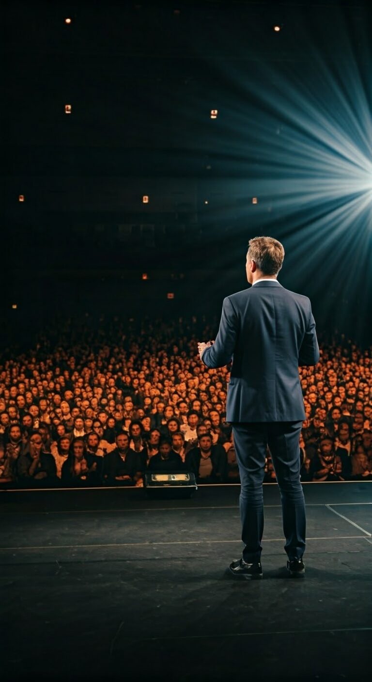 A,Keynote,Speaker,On,Stage,Addressing,A,Large,Crowd