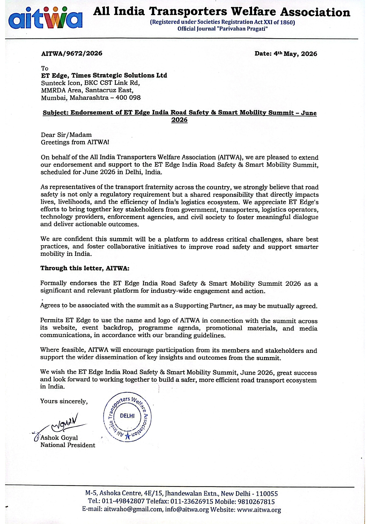 Endorsement of ET Edge India Road Safety & Smart Mobility Summit – June 2026_page-0001