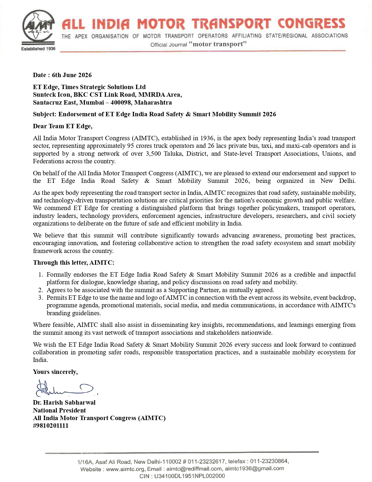 Endorsement Letter AIMTC